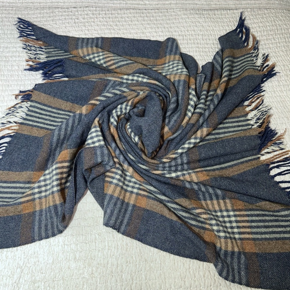 Plaid Wool Throw Blanket in Blue and Tan